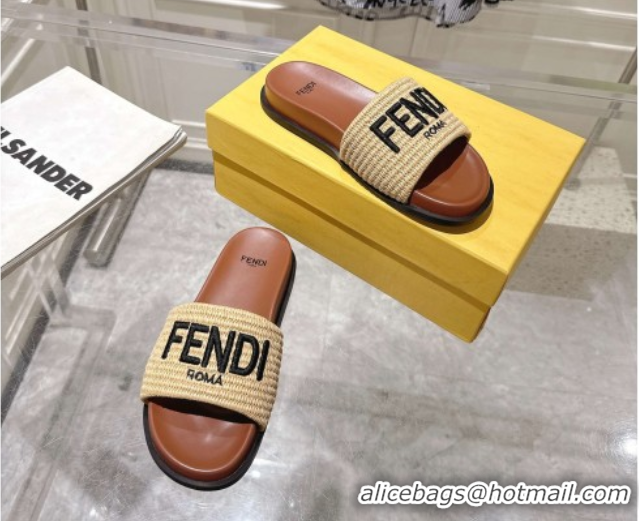 Buy Luxury Fendi Flat Slides Sandal in Woven Straw-Like Beige/Brown 0605066