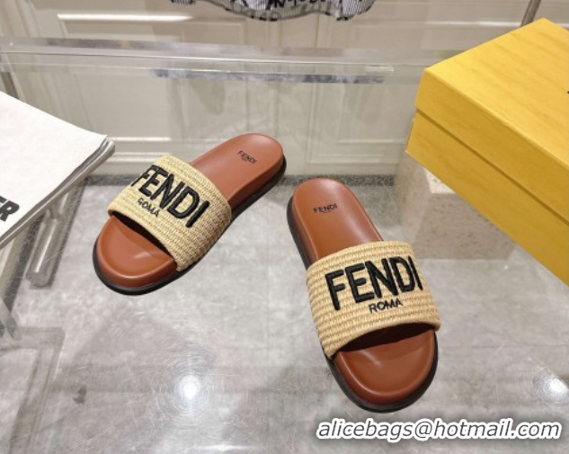 Buy Luxury Fendi Flat Slides Sandal in Woven Straw-Like Beige/Brown 0605066