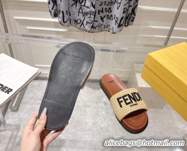 Buy Luxury Fendi Flat Slides Sandal in Woven Straw-Like Beige/Brown 0605066