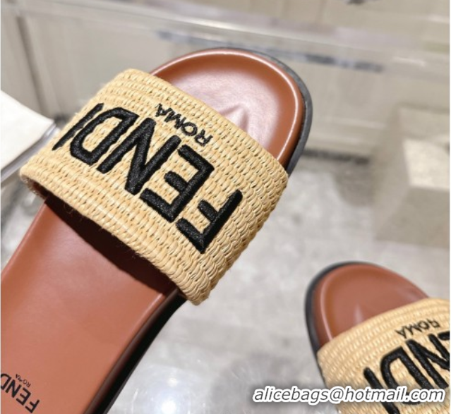 Buy Luxury Fendi Flat Slides Sandal in Woven Straw-Like Beige/Brown 0605066