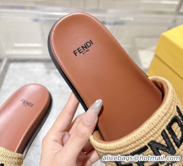 Buy Luxury Fendi Flat Slides Sandal in Woven Straw-Like Beige/Brown 0605066