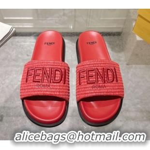Good Looking Fendi Flat Slides Sandal in Woven Straw-Like Dark Pink 0605067