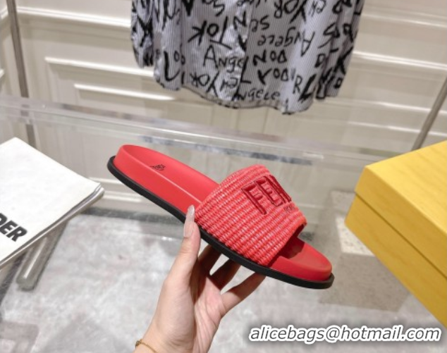 Good Looking Fendi Flat Slides Sandal in Woven Straw-Like Dark Pink 0605067