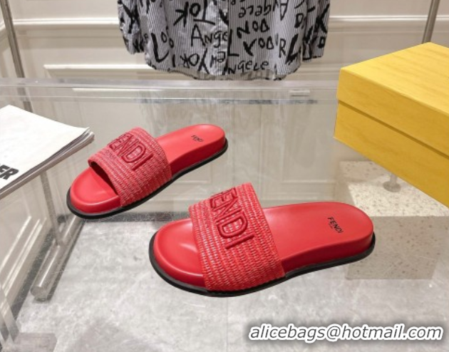 Good Looking Fendi Flat Slides Sandal in Woven Straw-Like Dark Pink 0605067