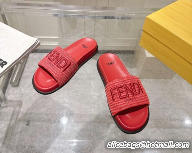 Good Looking Fendi Flat Slides Sandal in Woven Straw-Like Dark Pink 0605067