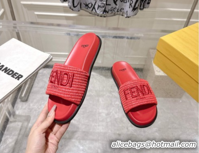 Good Looking Fendi Flat Slides Sandal in Woven Straw-Like Dark Pink 0605067