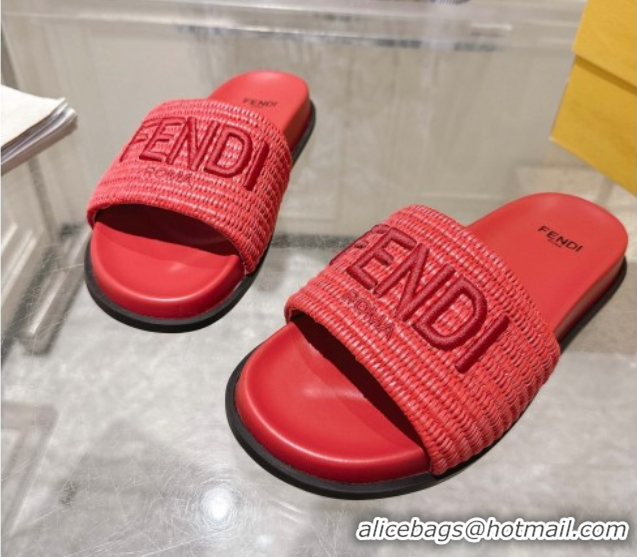 Good Looking Fendi Flat Slides Sandal in Woven Straw-Like Dark Pink 0605067