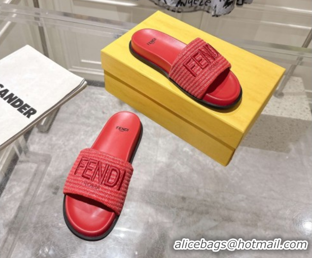 Good Looking Fendi Flat Slides Sandal in Woven Straw-Like Dark Pink 0605067