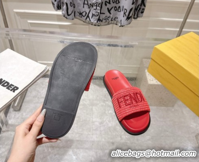 Good Looking Fendi Flat Slides Sandal in Woven Straw-Like Dark Pink 0605067