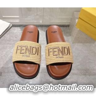 Good Product Fendi Flat Slides Sandal in Woven Straw-Like Beige 0605068