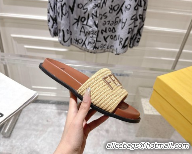 Good Product Fendi Flat Slides Sandal in Woven Straw-Like Beige 0605068