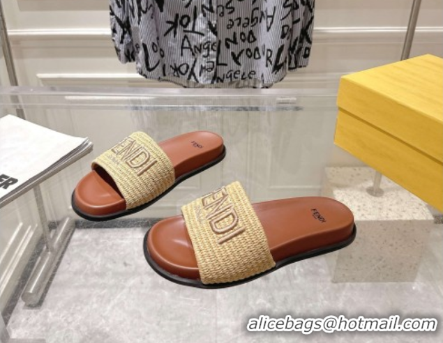 Good Product Fendi Flat Slides Sandal in Woven Straw-Like Beige 0605068
