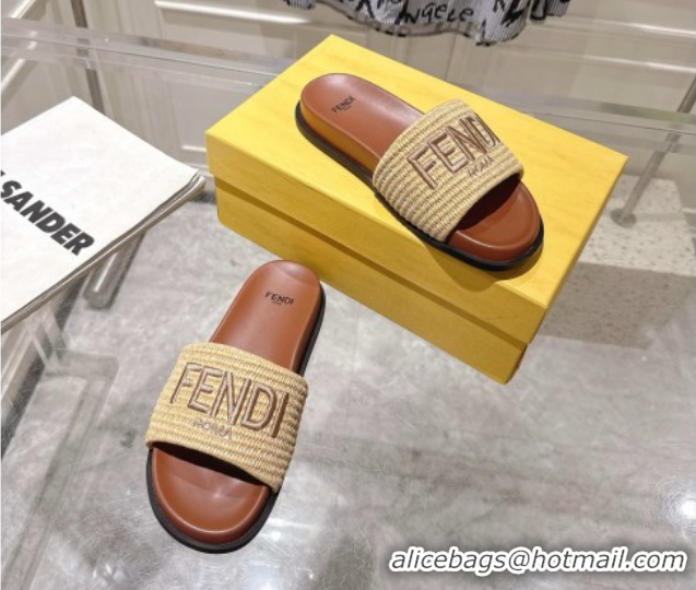 Good Product Fendi Flat Slides Sandal in Woven Straw-Like Beige 0605068
