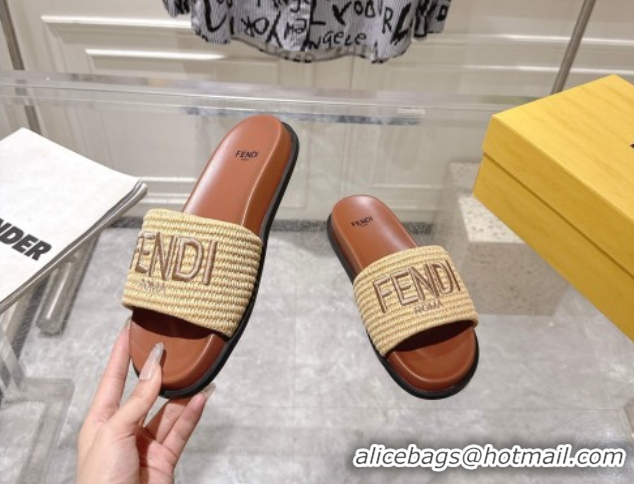 Good Product Fendi Flat Slides Sandal in Woven Straw-Like Beige 0605068
