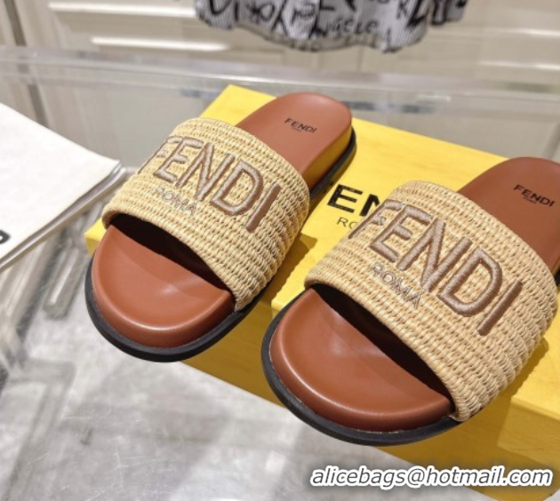 Good Product Fendi Flat Slides Sandal in Woven Straw-Like Beige 0605068