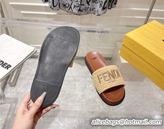 Good Product Fendi Flat Slides Sandal in Woven Straw-Like Beige 0605068