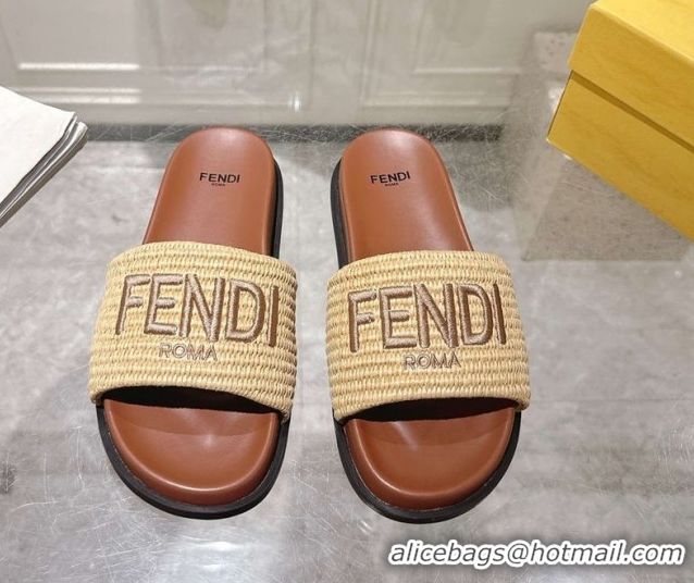 Good Product Fendi Flat Slides Sandal in Woven Straw-Like Beige 0605068