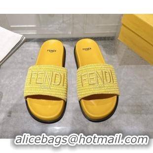 Classic Hot Fendi Flat Slides Sandal in Woven Straw-Like Yellow 0605069