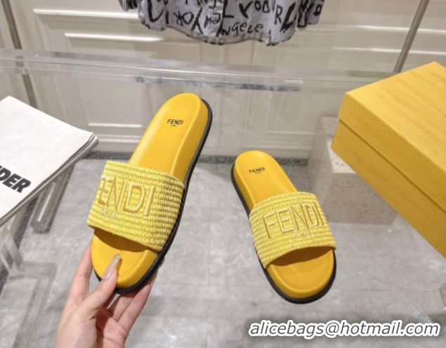 Classic Hot Fendi Flat Slides Sandal in Woven Straw-Like Yellow 0605069