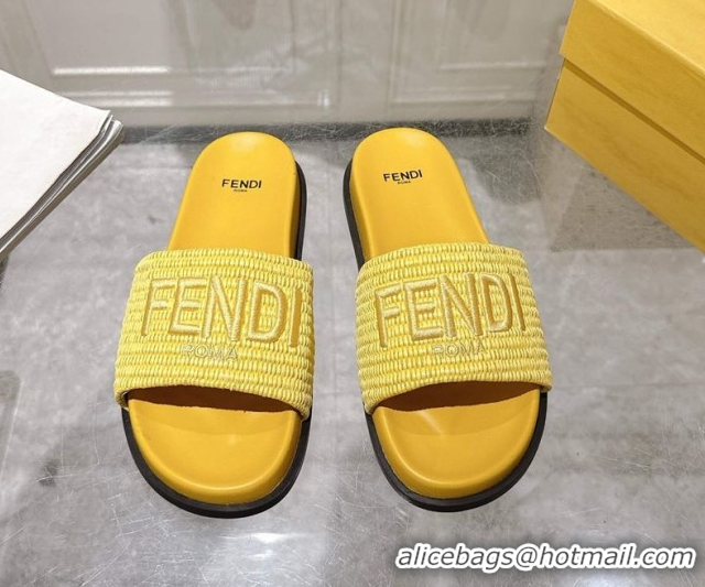 Classic Hot Fendi Flat Slides Sandal in Woven Straw-Like Yellow 0605069