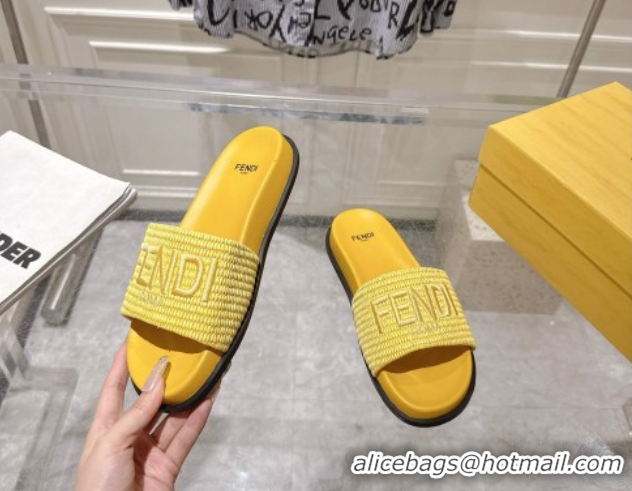 Classic Hot Fendi Flat Slides Sandal in Woven Straw-Like Yellow 0605069