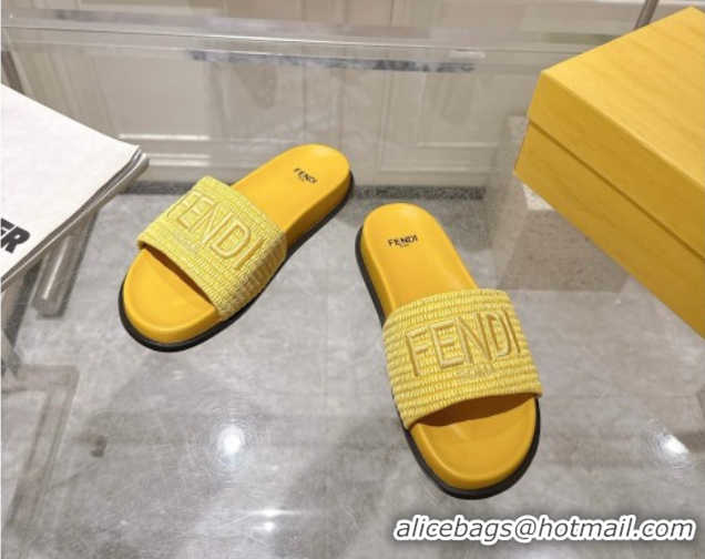 Classic Hot Fendi Flat Slides Sandal in Woven Straw-Like Yellow 0605069