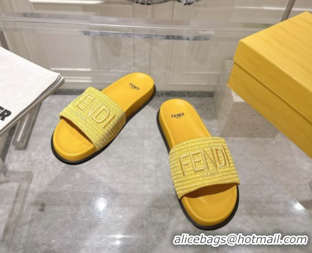 Classic Hot Fendi Flat Slides Sandal in Woven Straw-Like Yellow 0605069