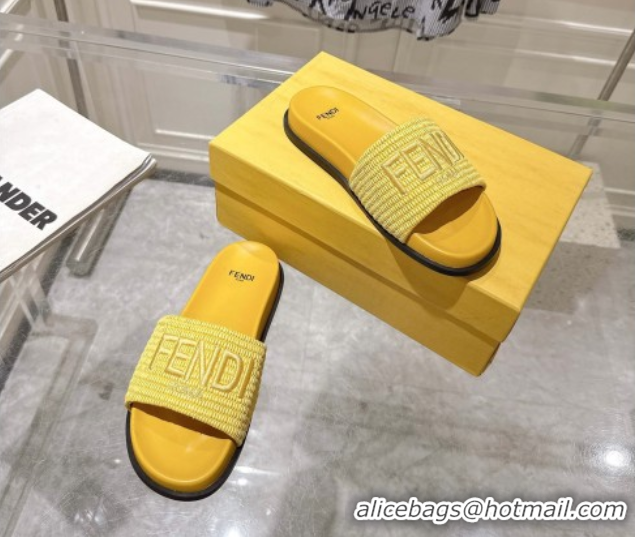Classic Hot Fendi Flat Slides Sandal in Woven Straw-Like Yellow 0605069