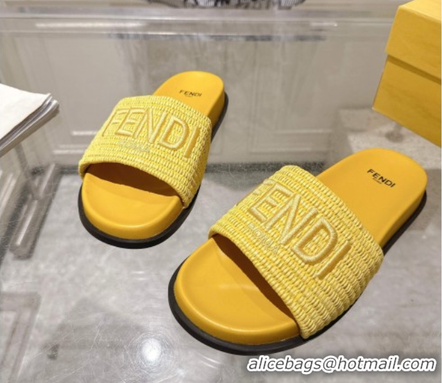 Classic Hot Fendi Flat Slides Sandal in Woven Straw-Like Yellow 0605069