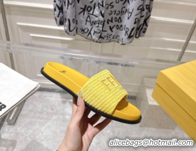 Classic Hot Fendi Flat Slides Sandal in Woven Straw-Like Yellow 0605069