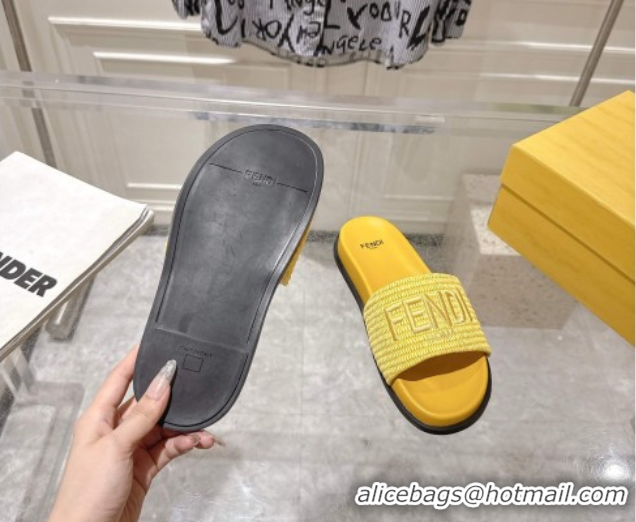 Classic Hot Fendi Flat Slides Sandal in Woven Straw-Like Yellow 0605069