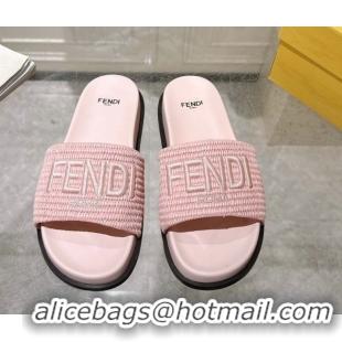 Shop Duplicate Fendi Flat Slides Sandal in Woven Straw-Like Light Pink 0605070