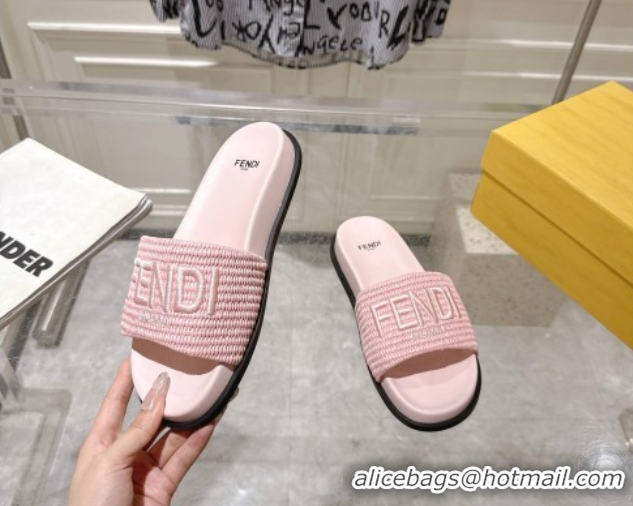 Shop Duplicate Fendi Flat Slides Sandal in Woven Straw-Like Light Pink 0605070