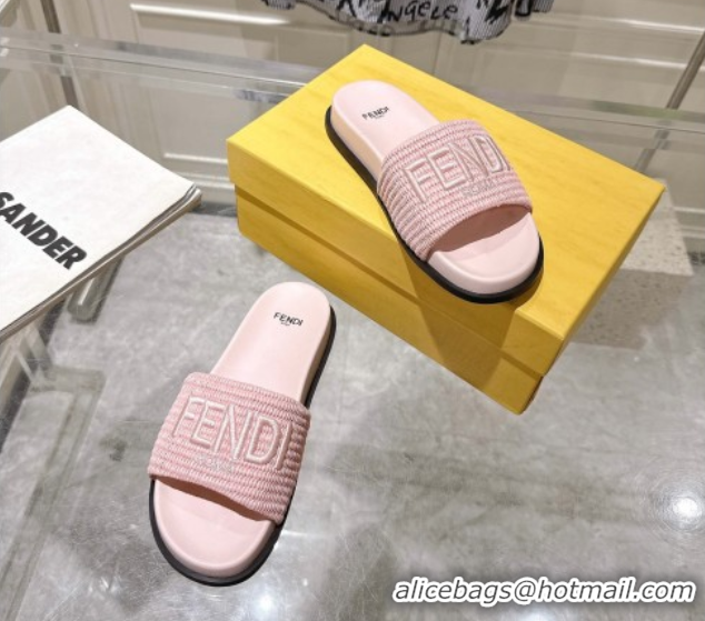 Shop Duplicate Fendi Flat Slides Sandal in Woven Straw-Like Light Pink 0605070