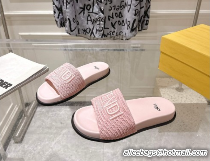 Shop Duplicate Fendi Flat Slides Sandal in Woven Straw-Like Light Pink 0605070