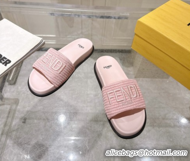 Shop Duplicate Fendi Flat Slides Sandal in Woven Straw-Like Light Pink 0605070