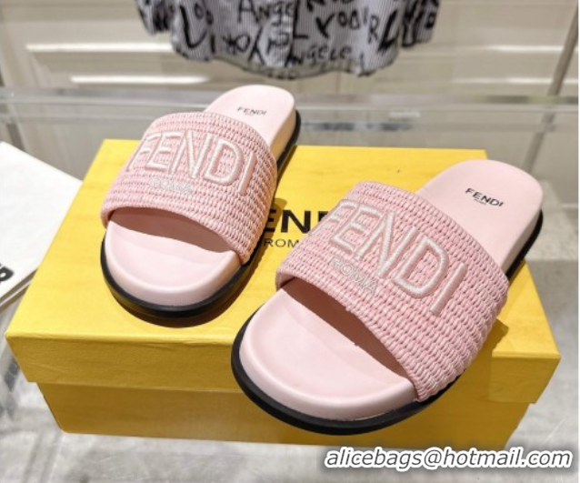 Shop Duplicate Fendi Flat Slides Sandal in Woven Straw-Like Light Pink 0605070