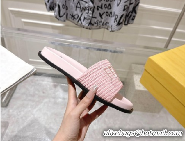 Shop Duplicate Fendi Flat Slides Sandal in Woven Straw-Like Light Pink 0605070