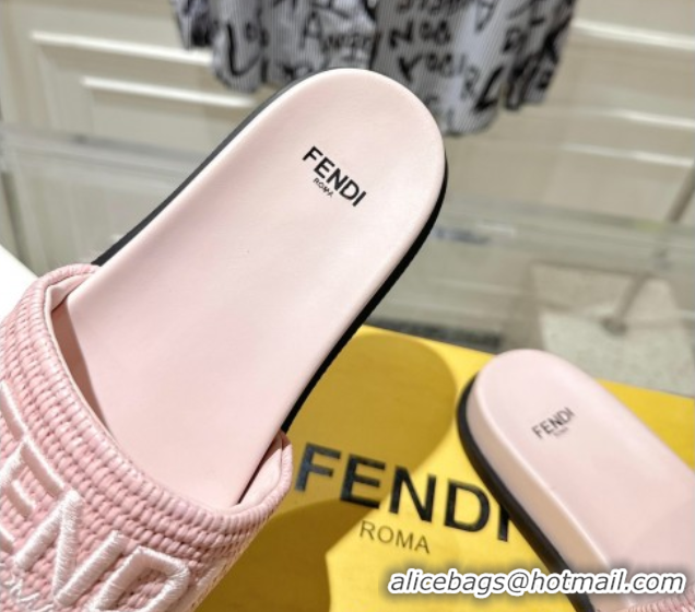 Shop Duplicate Fendi Flat Slides Sandal in Woven Straw-Like Light Pink 0605070