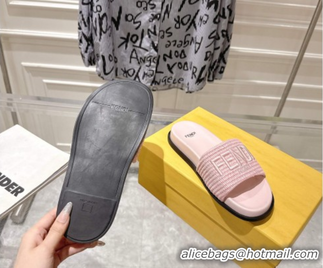 Shop Duplicate Fendi Flat Slides Sandal in Woven Straw-Like Light Pink 0605070