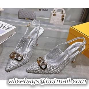 Charming Fendi Slingback Pumps 8cm in Woven Nappa Leather Silver 0605071