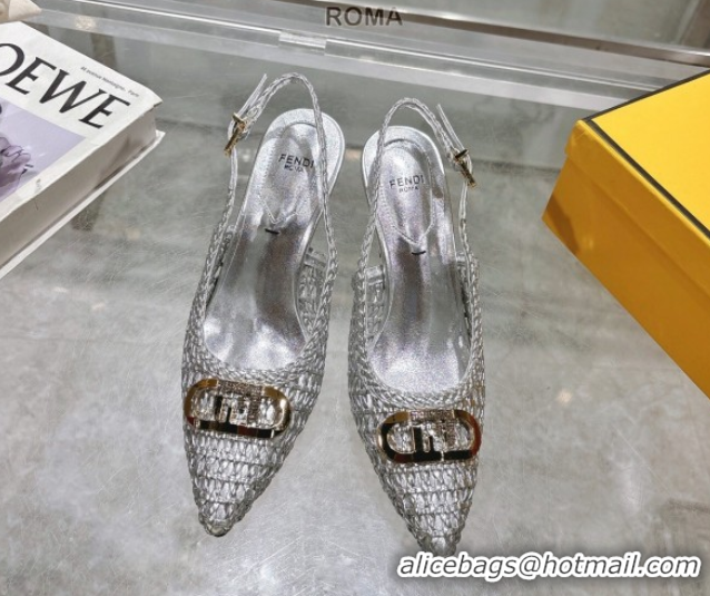 Charming Fendi Slingback Pumps 8cm in Woven Nappa Leather Silver 0605071