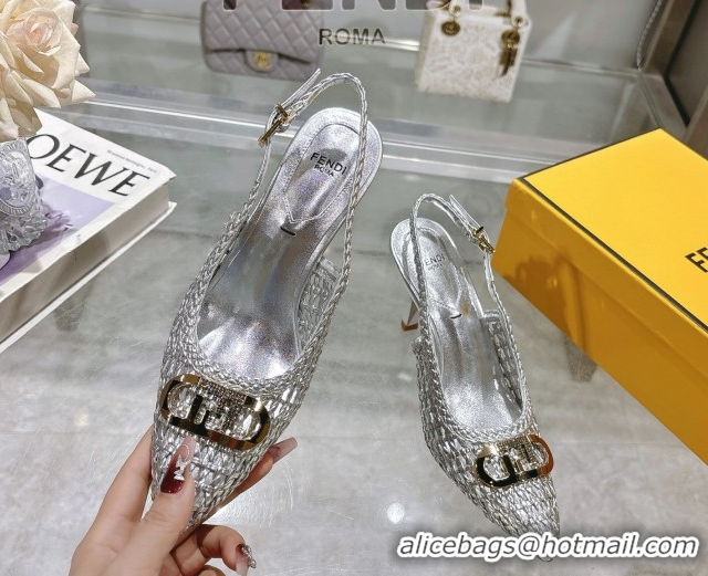 Charming Fendi Slingback Pumps 8cm in Woven Nappa Leather Silver 0605071