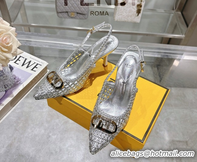 Charming Fendi Slingback Pumps 8cm in Woven Nappa Leather Silver 0605071