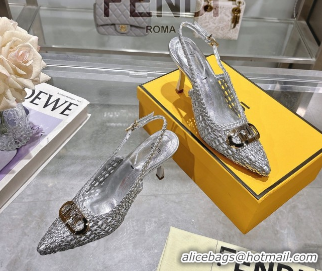 Charming Fendi Slingback Pumps 8cm in Woven Nappa Leather Silver 0605071