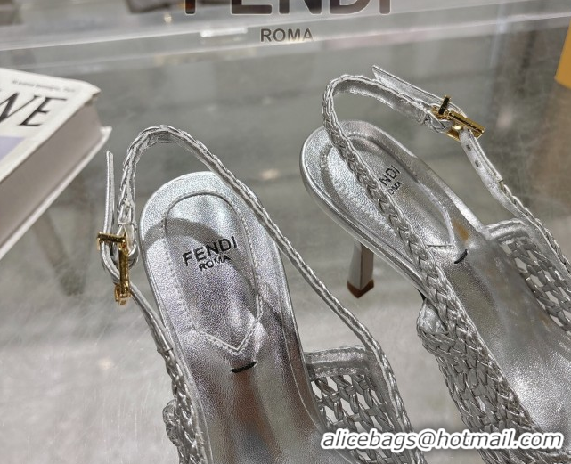Charming Fendi Slingback Pumps 8cm in Woven Nappa Leather Silver 0605071