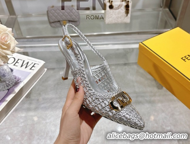 Charming Fendi Slingback Pumps 8cm in Woven Nappa Leather Silver 0605071