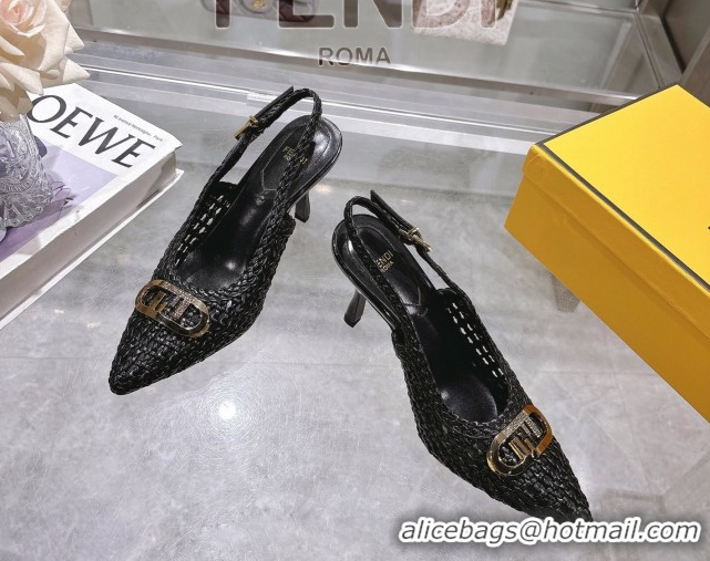 Good Quality Fendi Slingback Pumps 8cm in Woven Nappa Leather Black 0605073