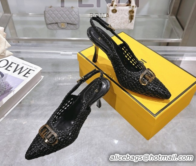 Good Quality Fendi Slingback Pumps 8cm in Woven Nappa Leather Black 0605073