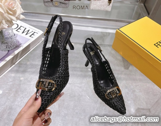 Good Quality Fendi Slingback Pumps 8cm in Woven Nappa Leather Black 0605073